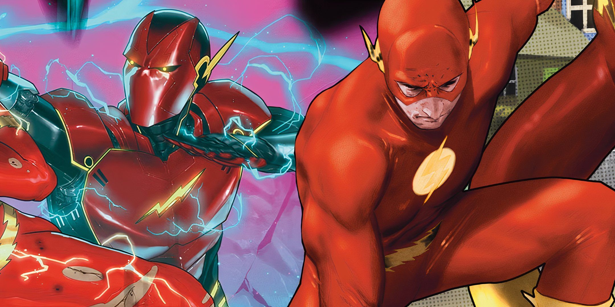 Barry Allen Flash agachado ao lado de Velocity cercado por eletricidade DC em destaque