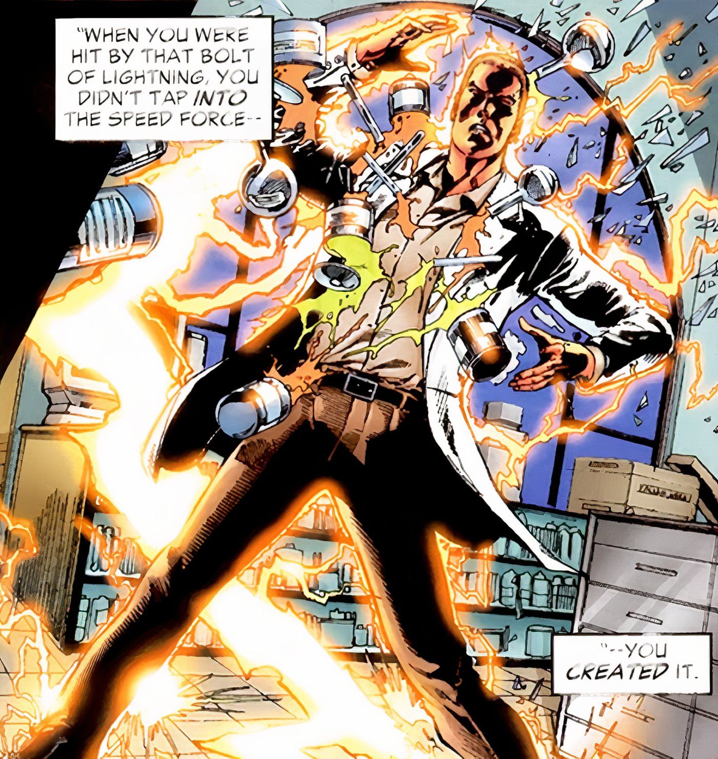 A panel from Flash: Rebirth where Barry finds out he created the Speed ​​​​Force when he was struck by lightning