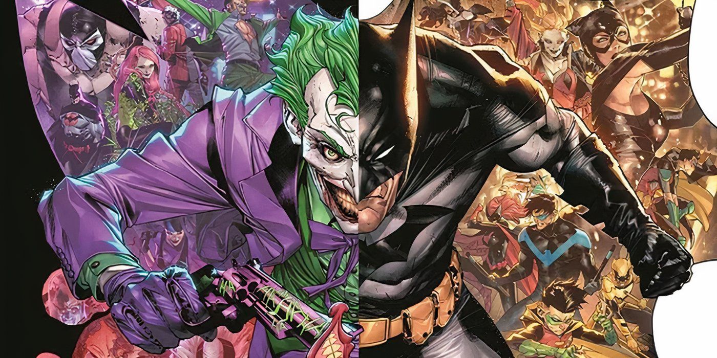 La pantalla dividida de Batman a la derecha y la pantalla dividida de Joker a la izquierda corren hacia el espectador con más héroes y villanos detrás de ellos.