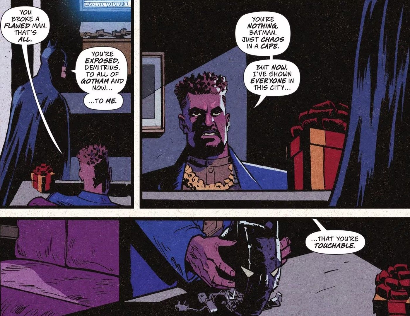 Comic book panels: Korlee hands Batman a destroyed version of his decoy robot.