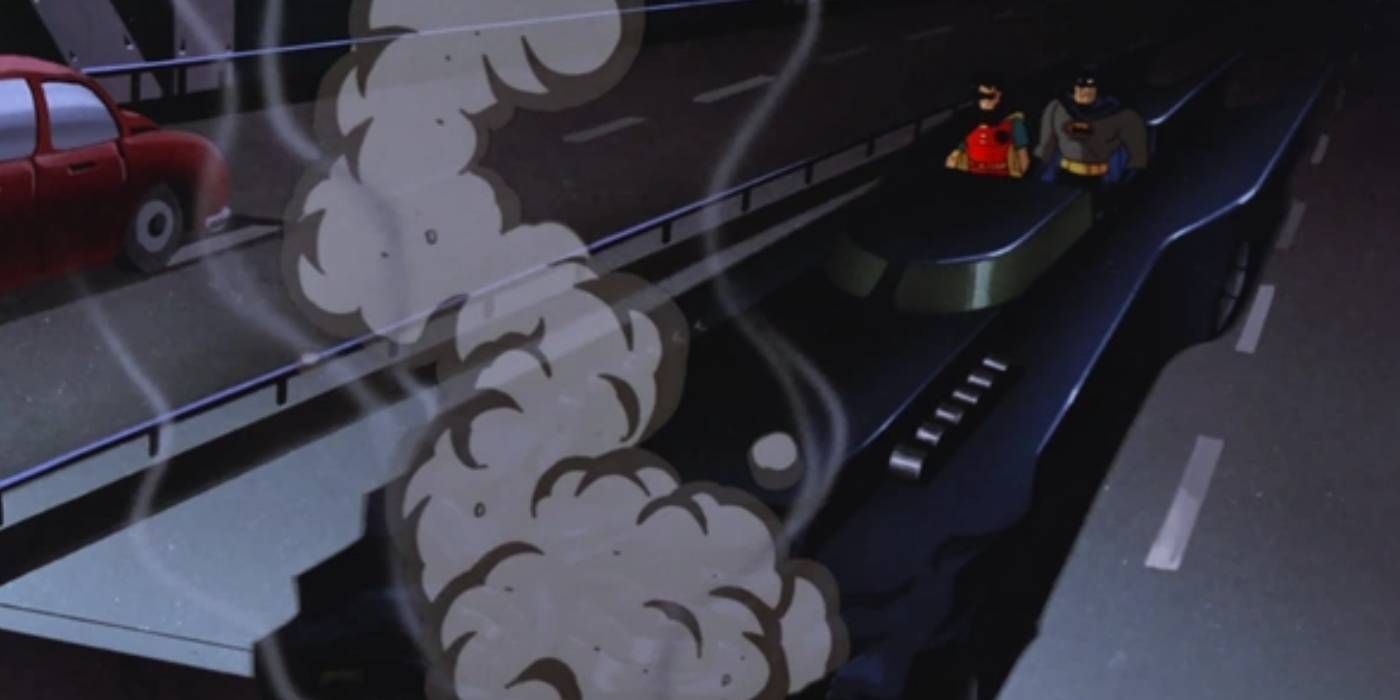 Batman and Robin looking at smoking Batmobile in Batman_ The Animated Series