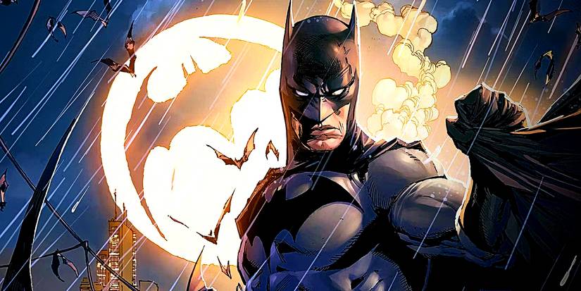 Batman in front of a Bat Signal in DC comics