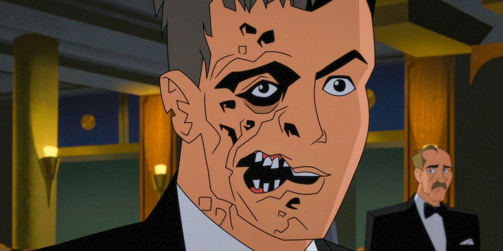 Harvey Dent close up with his face burned in Batman: Caped Crusader Season 1