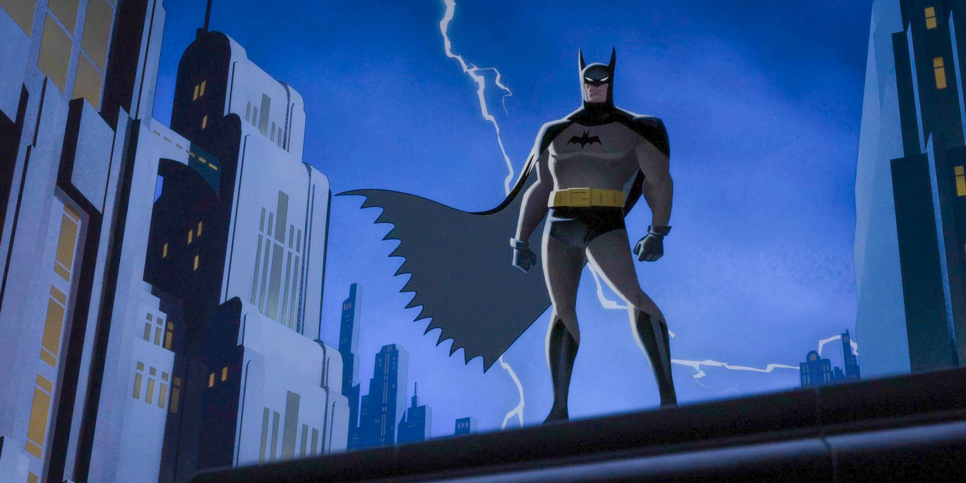 Dramatic shot of batman standing in a building with a lightning behind in Batman: Caped Crusader Season 1