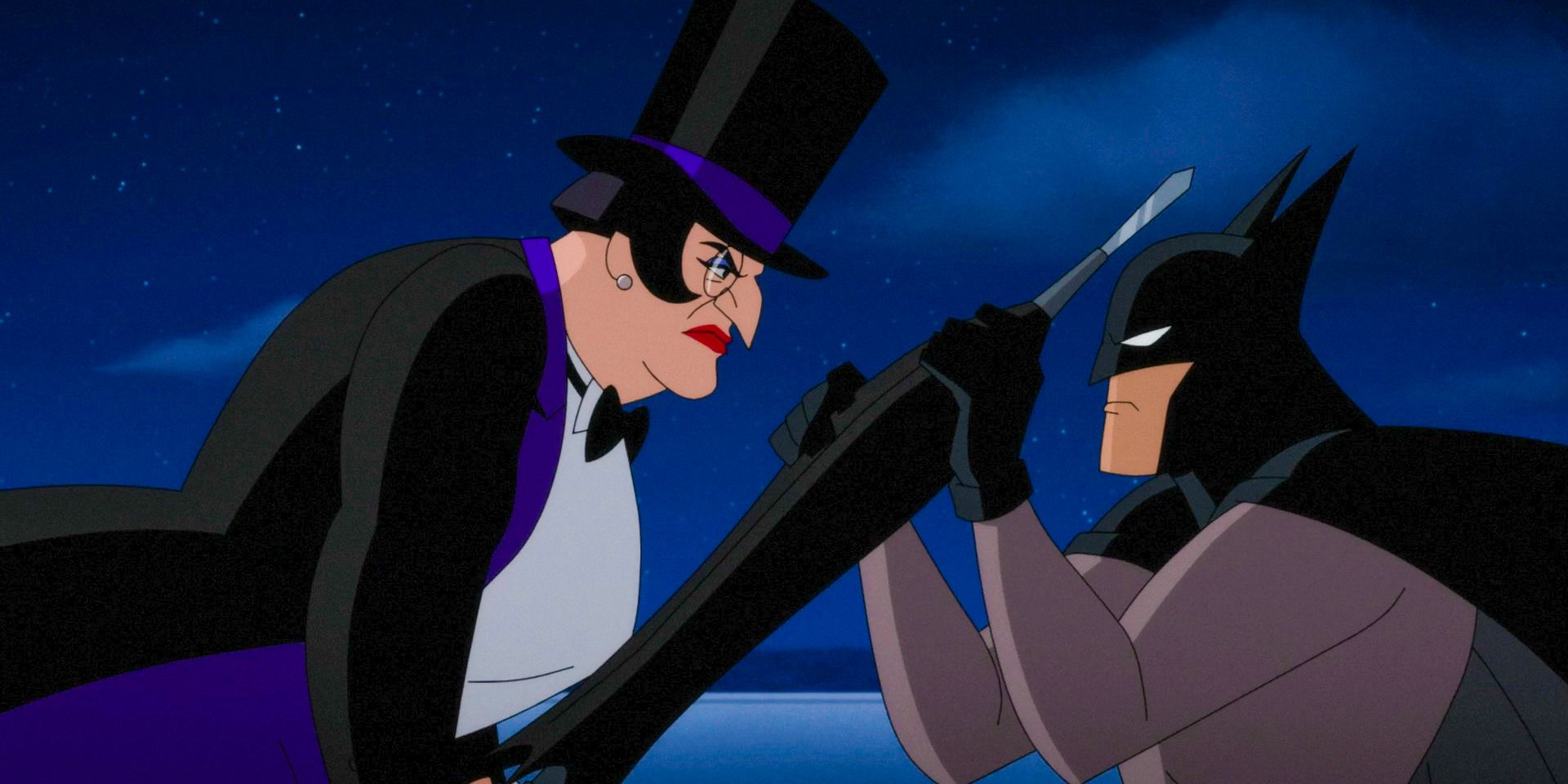 El Pingüino lucha contra Batman con su paraguas en Batman: The Caped Crusader Temporada 1