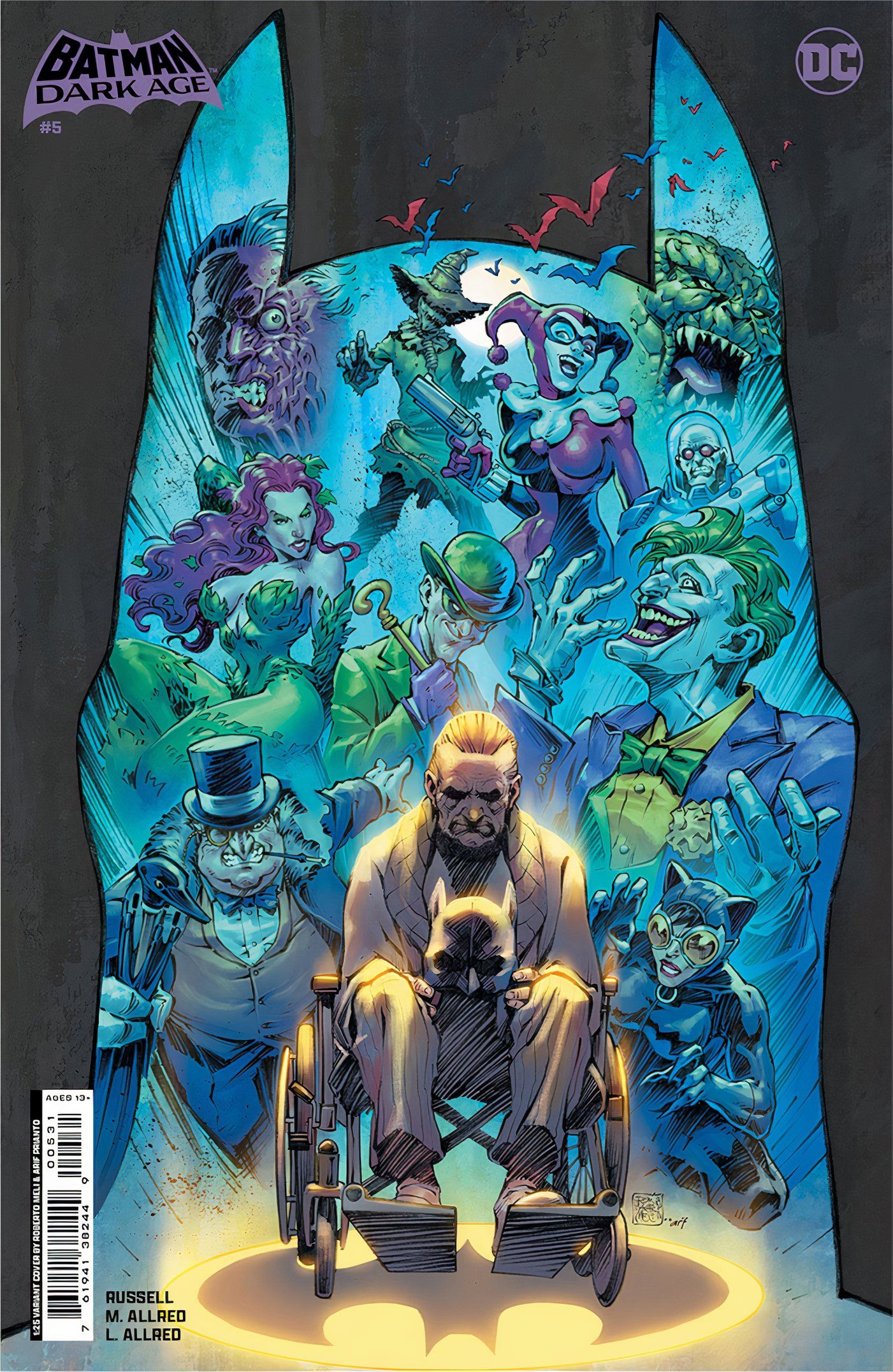 Batman Dark Age 5 Meli Variant Cover: Bruce Wayne sits in a wheelchair in front of a collage of Batman villains.