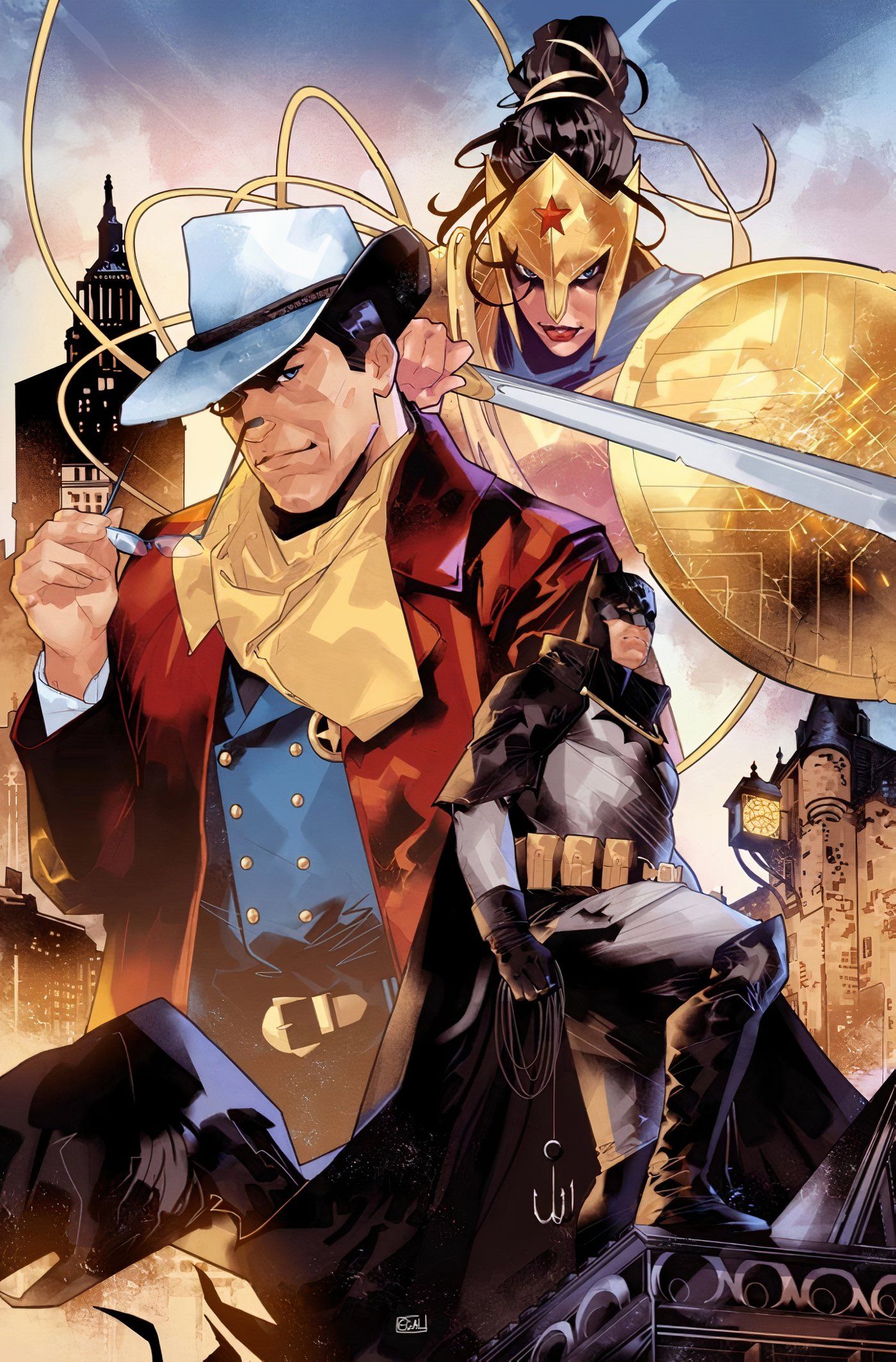 Portada variante de Gotham by Gaslight # 6 con versiones del siglo XIX de Batman, Superman y Wonder Woman.