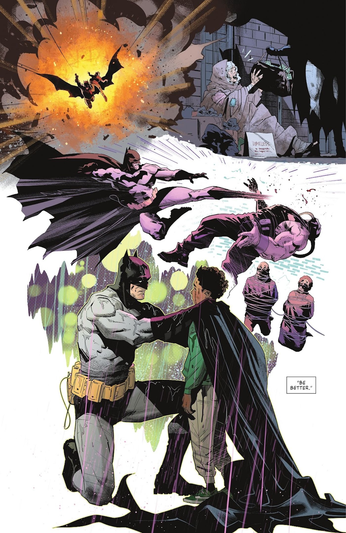 Comic book page: a collage of Batman helping and saving people. At the center, he puts his cape around a crying child.