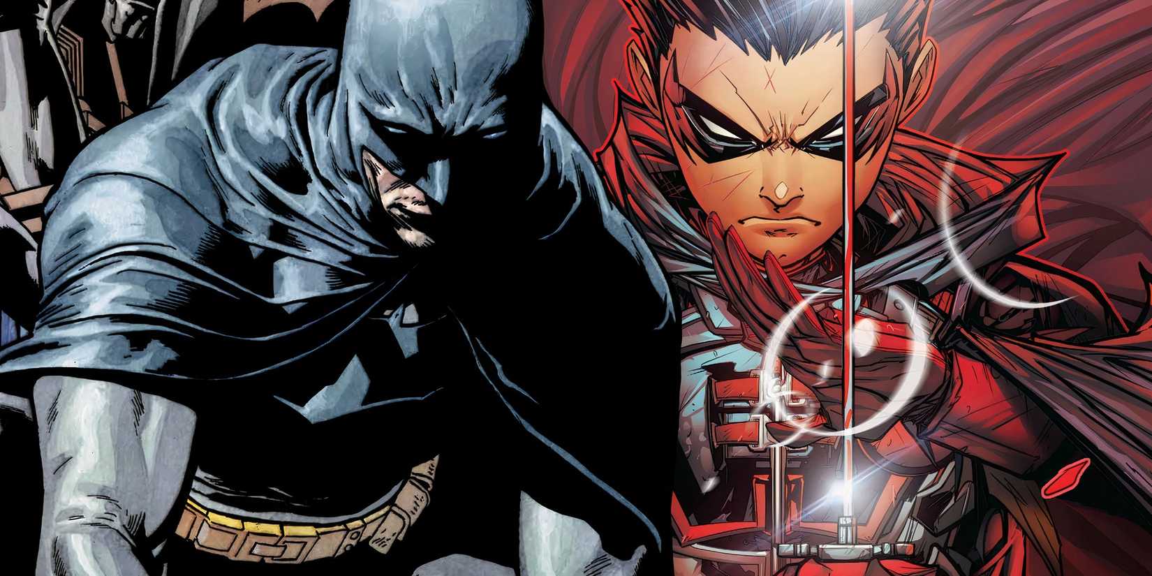Comic book art: Batman Investigates While Robin wields a Sword.