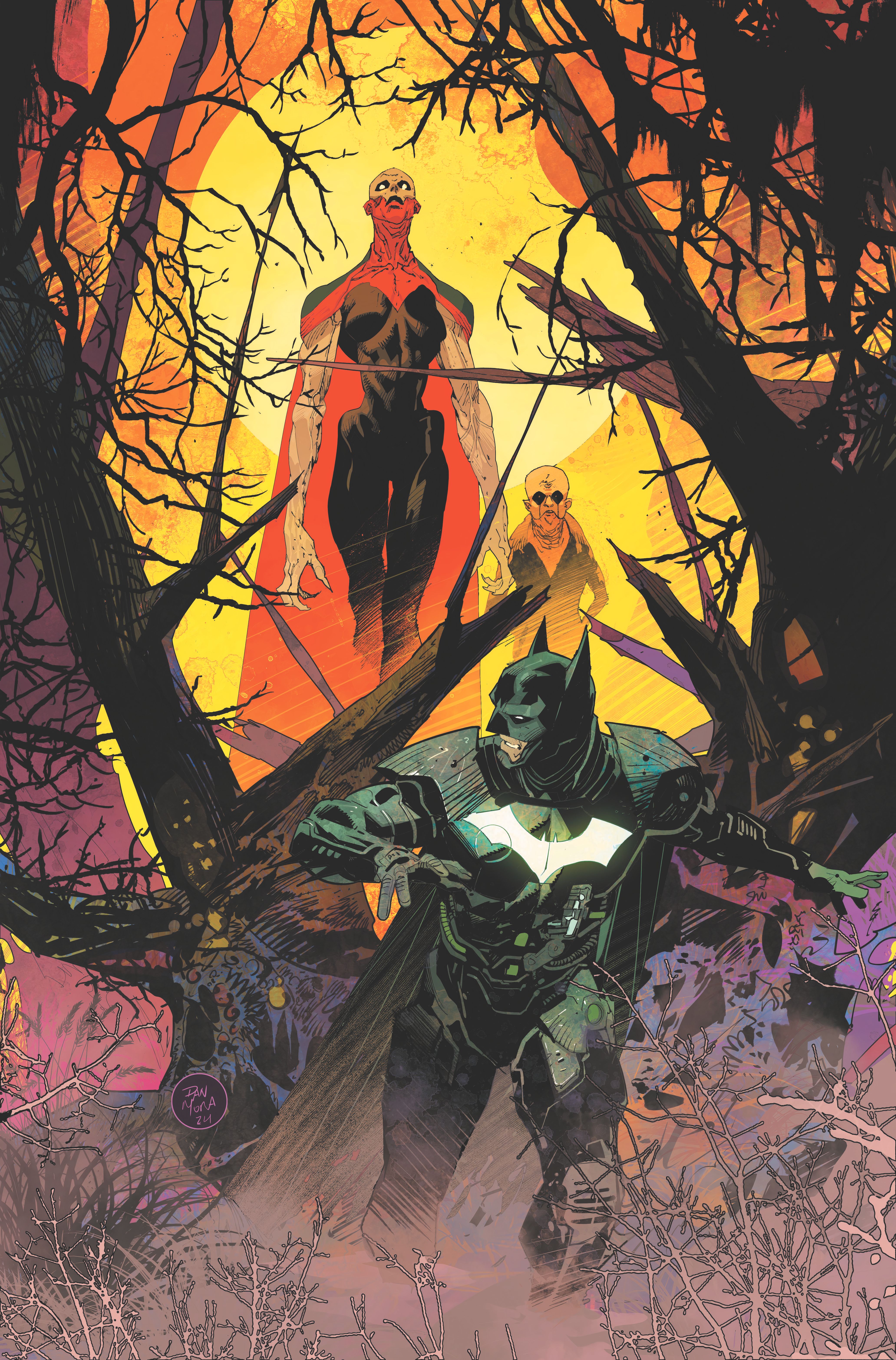 Batman Off World 6 Mora Variant Cover: Batman is chased by aliens in the forest.