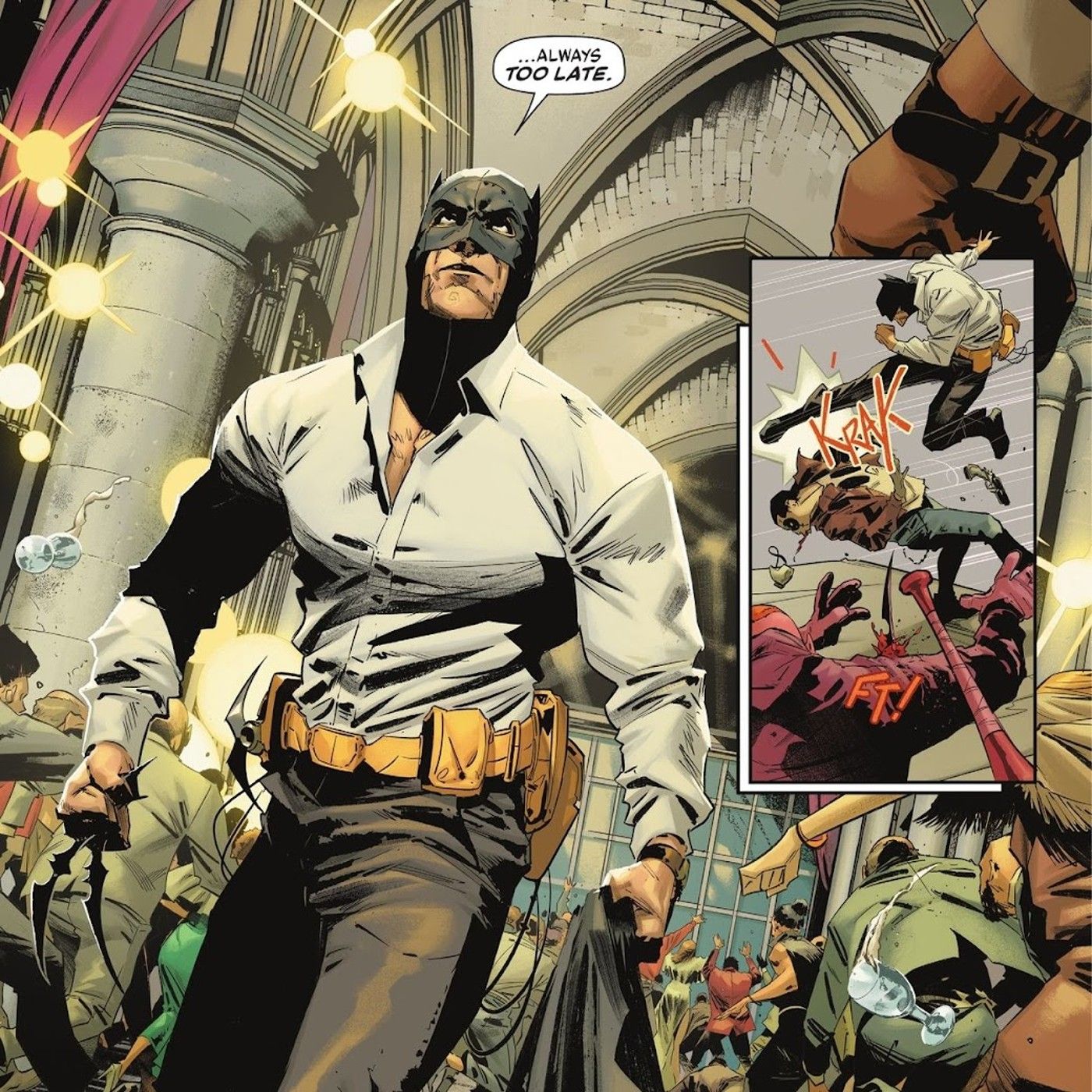 Comic Panels: Batman appears with his cowl and tool belt over a colored shirt and black pants.