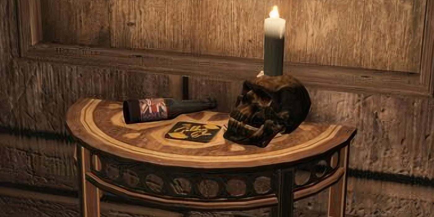 Image of a beer coaster on table next to a skull with a candle on top, and a fallen beer bottle in Fallout: London.