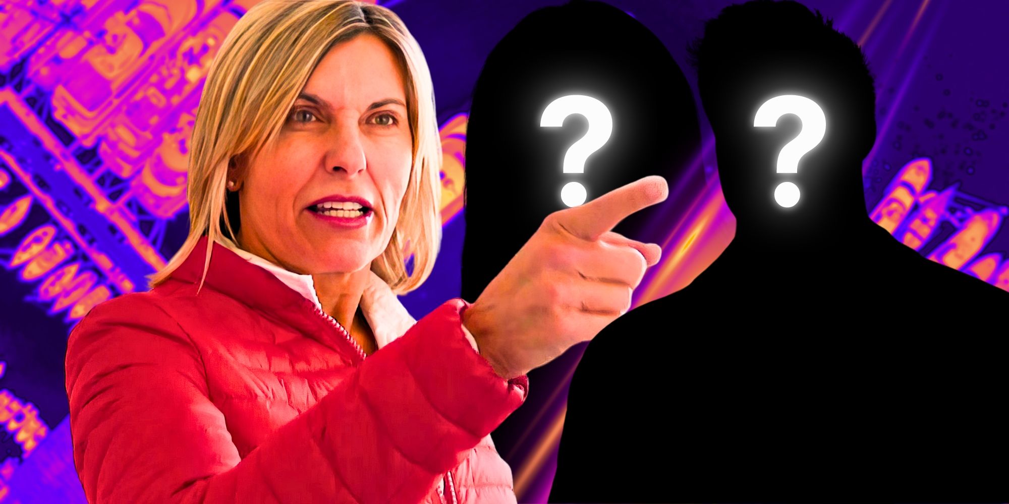 Below Deck Captain Sandy Yawn pointing a finger with two mystery figures in the background