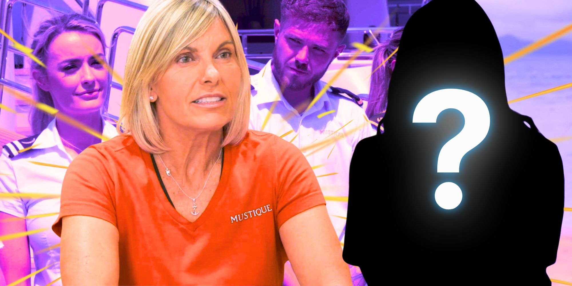 Below Deck Med’s Captain Sandy is flanked by Ellie and Nathan in their white uniforms, next to a mystery figure.