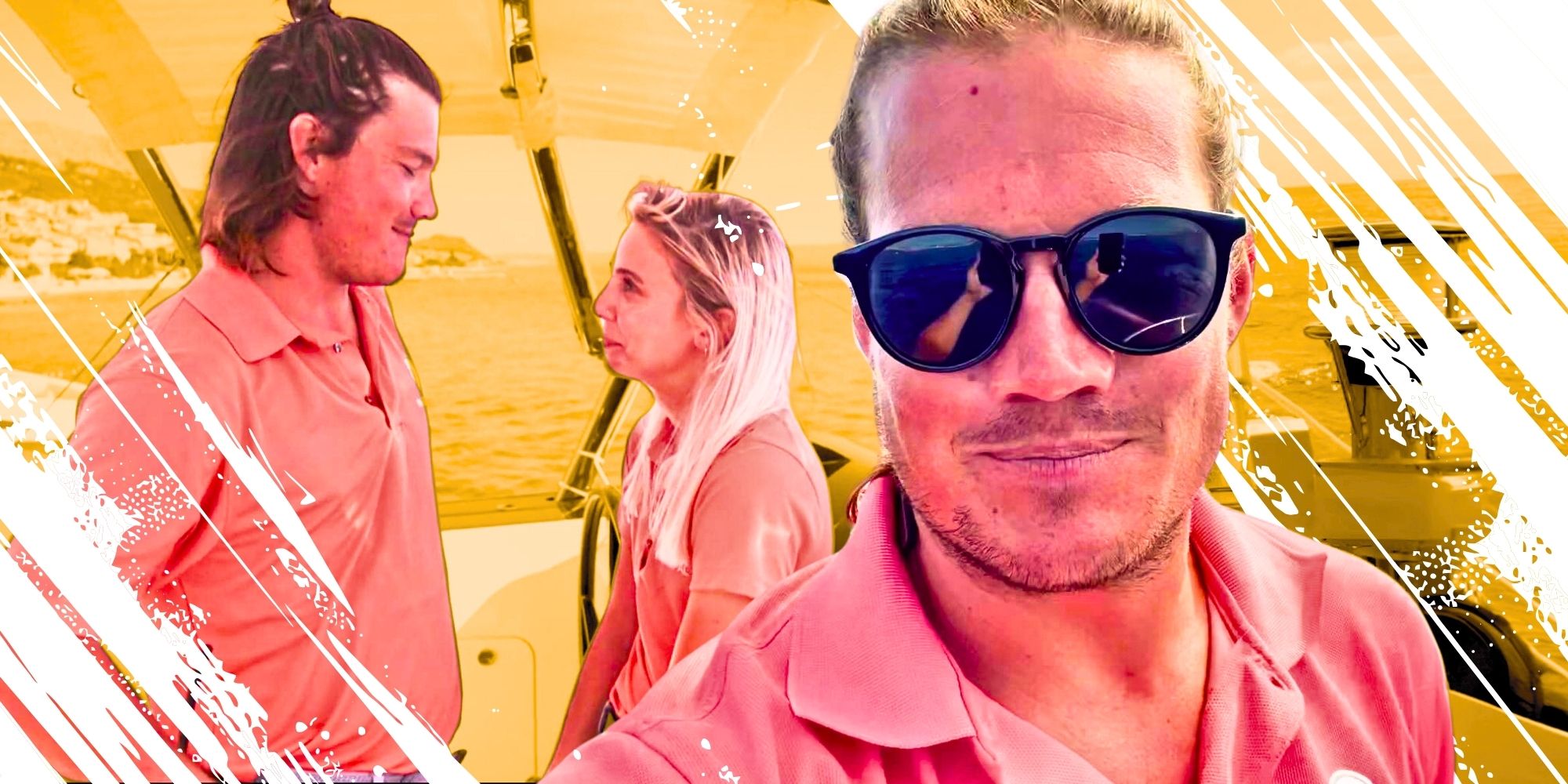 Gary King auf der Segelyacht Below Deck macht ein Selfie mit Sonnenbrille, im Hintergrund unterhalten er und Sydney Zauba sich