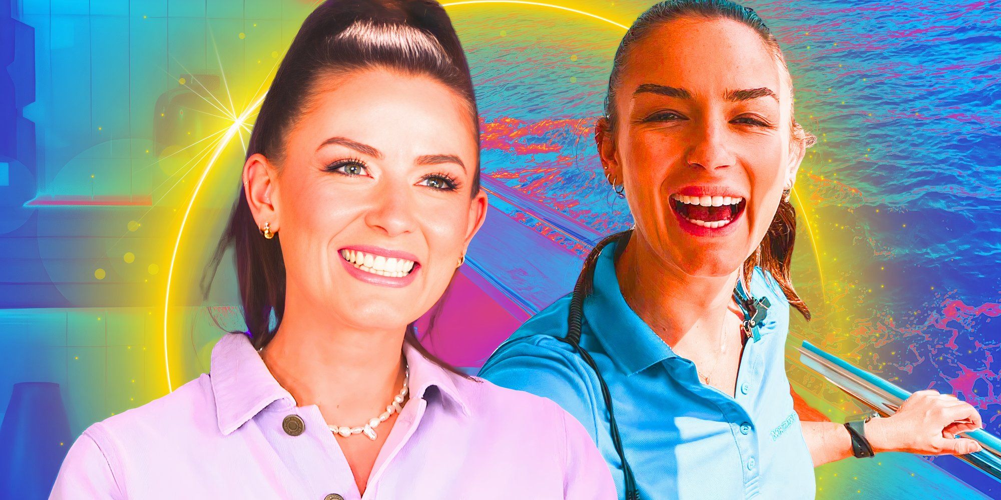 below deck star aesha scott in montage grinning with a multicolored nautical background