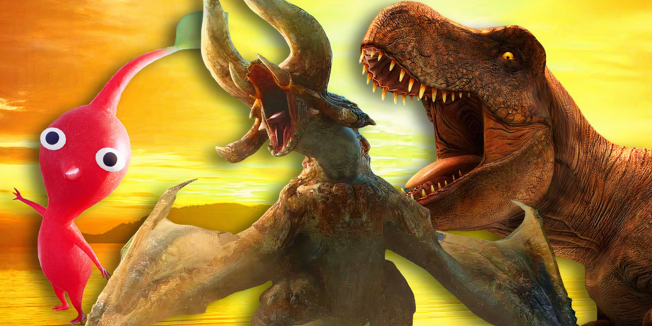 A red Pikmin from Pikmin Bloom on the left, a monster from Monster Hunter Now in the middle, and a dinosaur from Jurassic World Alive on the right.