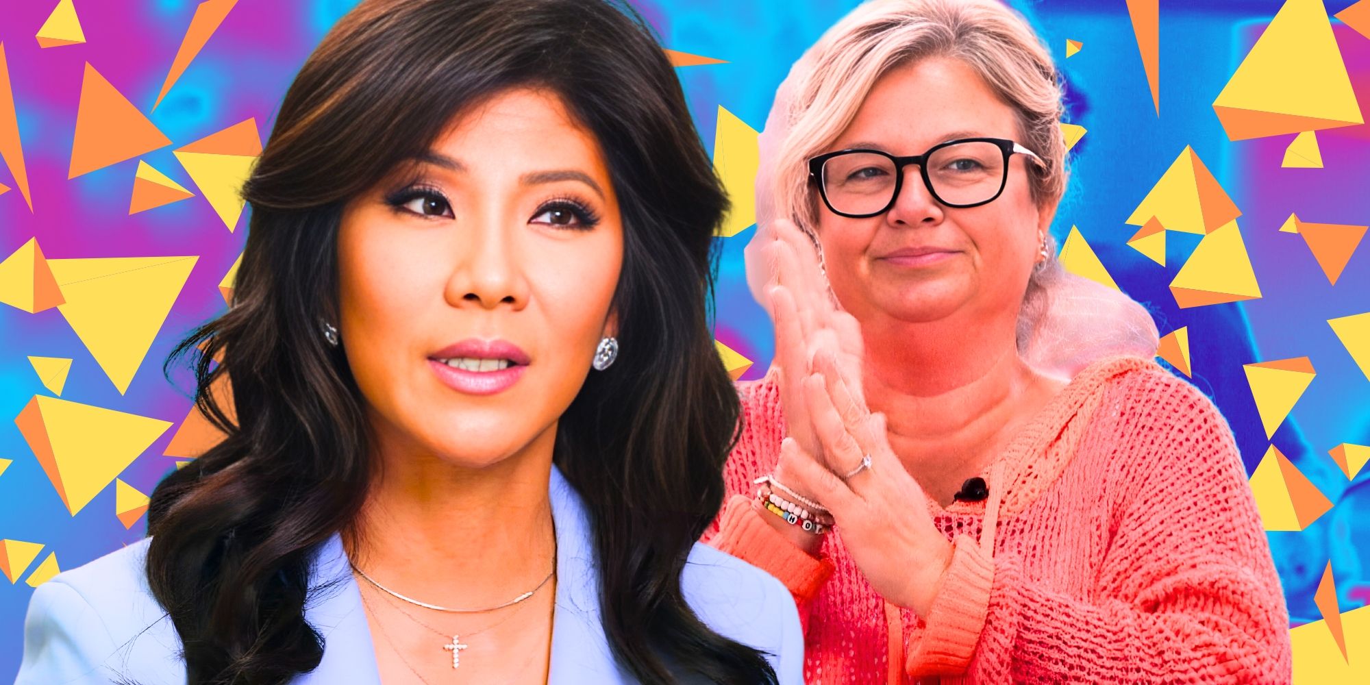 Big Brother 26’s Julie Chen Moonves and Angela Murray looking serious, with a yellow triangle background.