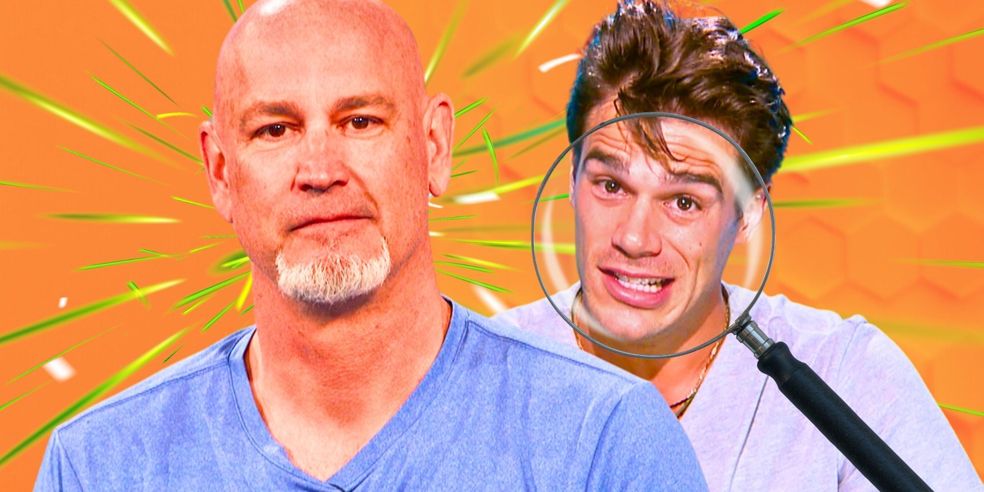 Big Brother 26’s Kenney Kelley looks serious and Tucker Des Lauriers has a silly face behind a magnifying glass.