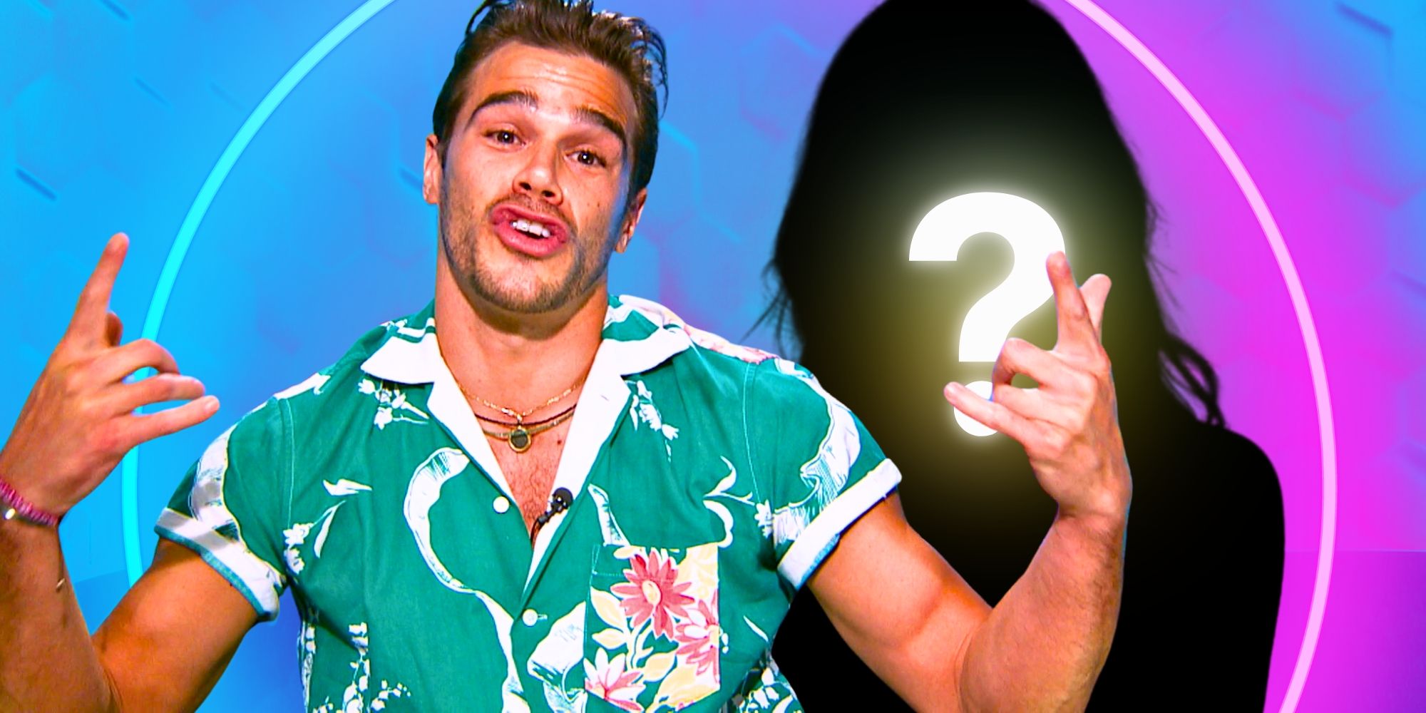 Big Brother 26’s Tucker gives duck lips with his hands raised, next to a mystery figure.