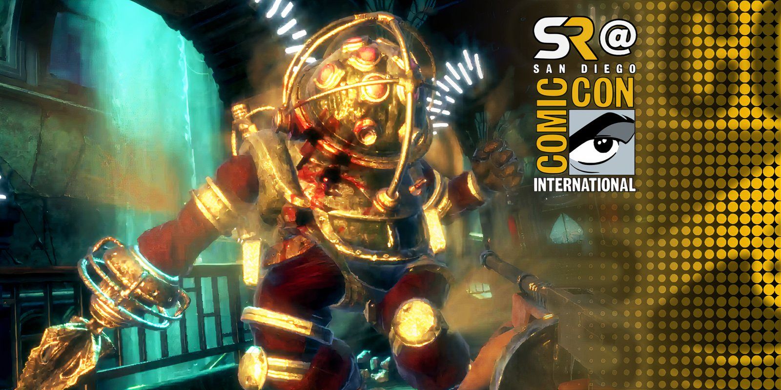 A Big Daddy charging the player in BioShock