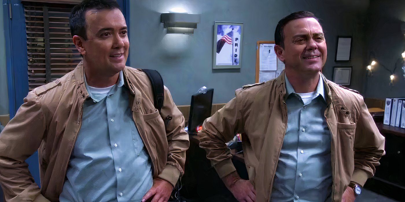 Bill and Boyle both wear a button up shirt and kahki jacket in Brooklyn Nine-Nine