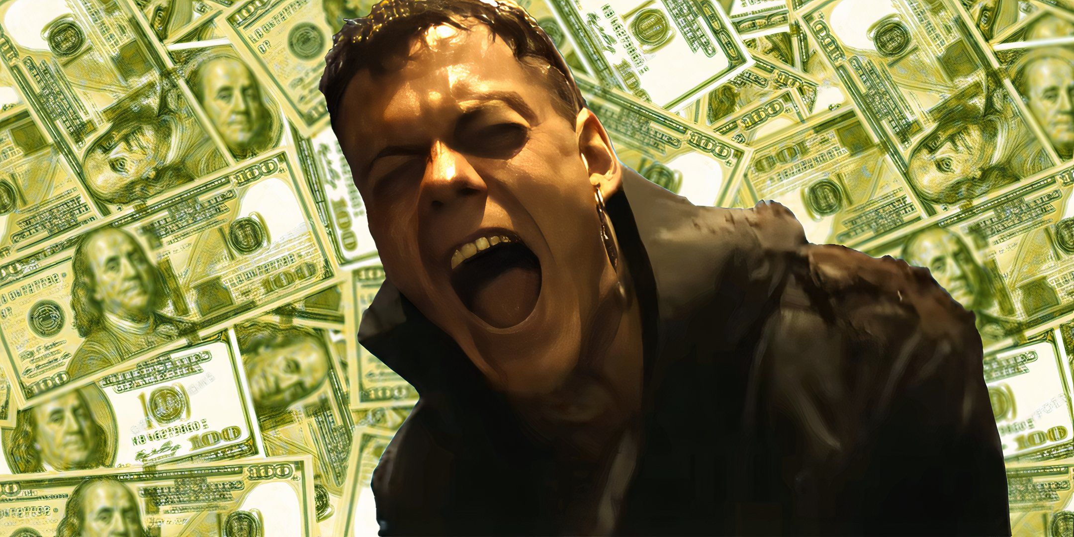 Bill Skarsgard as Eric in The Crow Screaming Against a Green Money Background