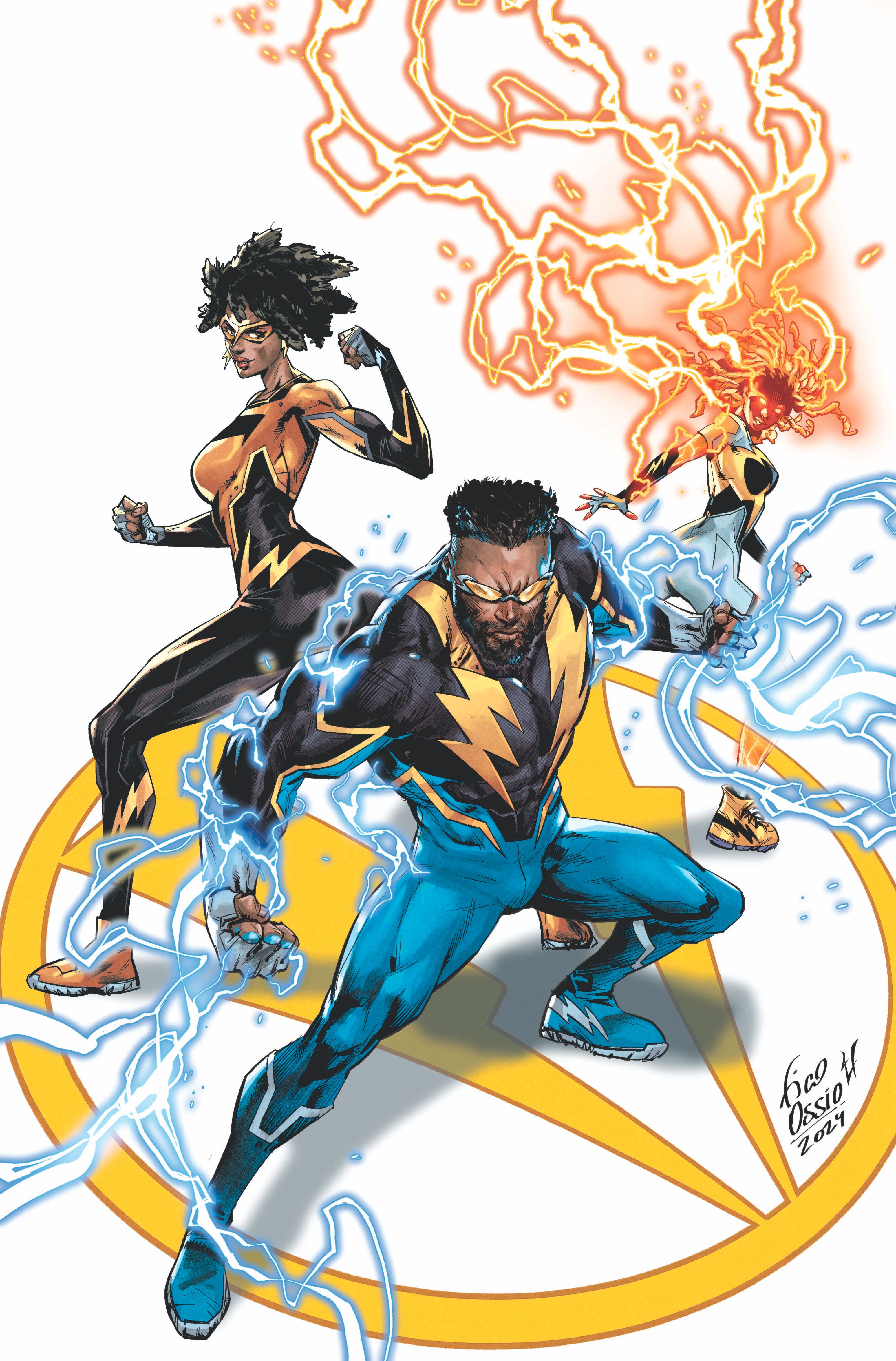 Black Lightning 1 Main Cover Advertisement: Black Lightning and his daughters Thunder and Lightning use their powers.