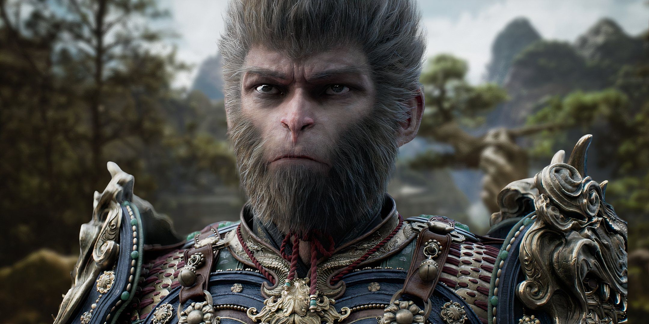 A close-up of Sun Wukong from Black Myth: Wukong against a blurred background of green trees.