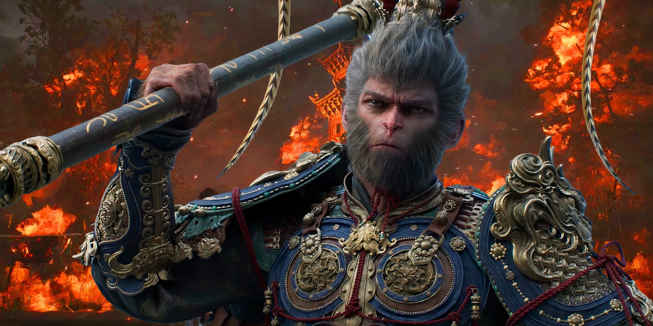 The Destined One holding a staff in Black Myth: Wukong with a burning temple behind him.