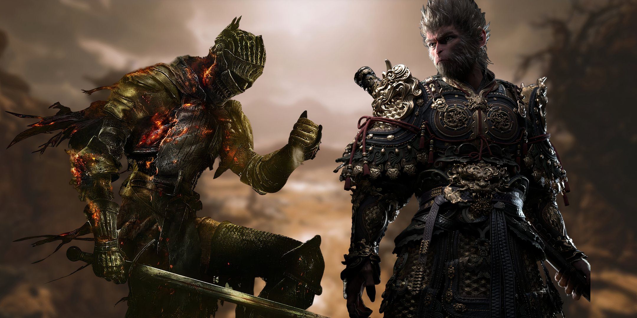 Wukong from Black Myth: Wukong on the right looking at the Dark Souls 3 character.