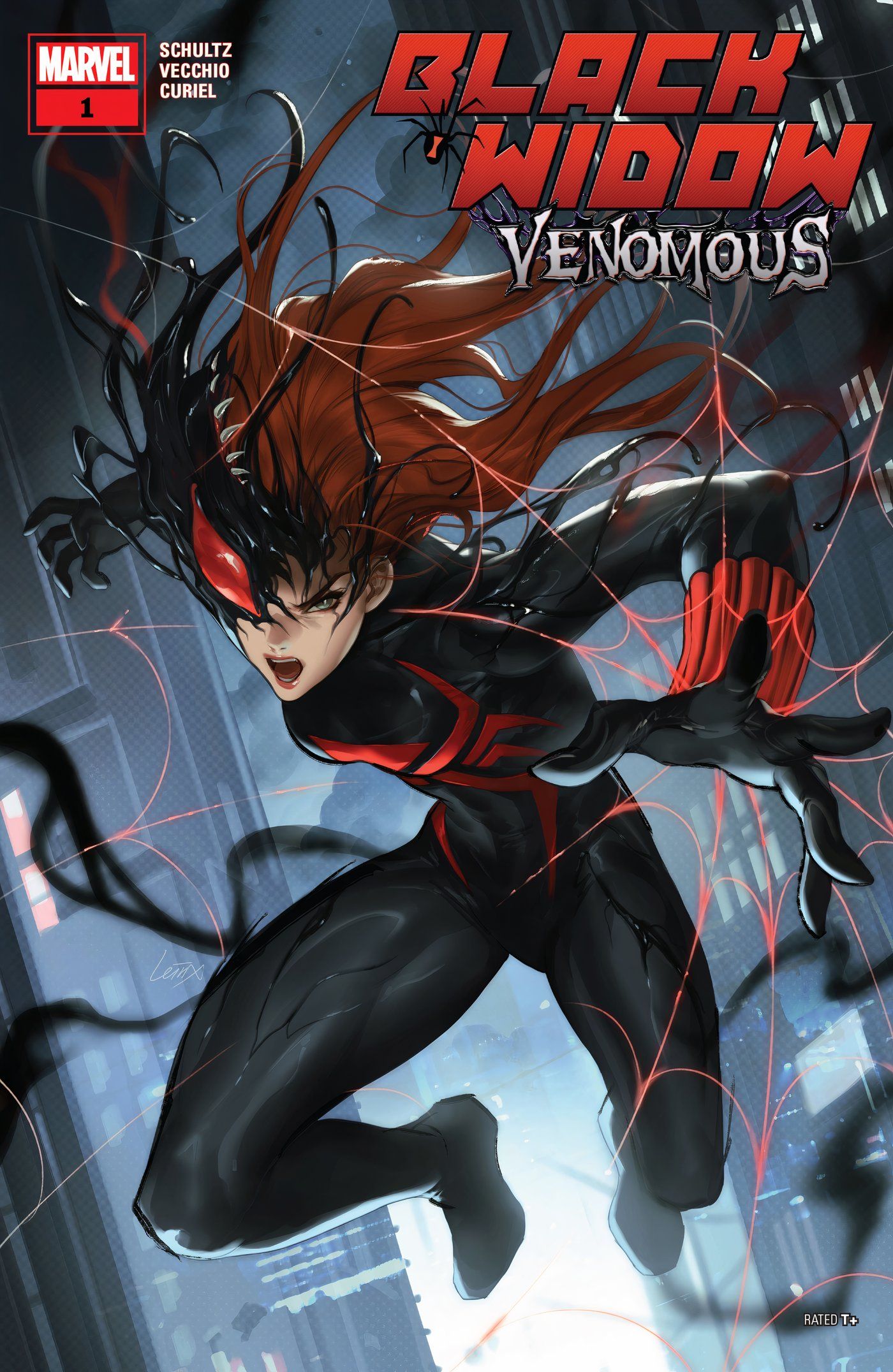 Capa de Toxic Black Widow #1, Viúva em sua fantasia de simbionte entrando em ação.