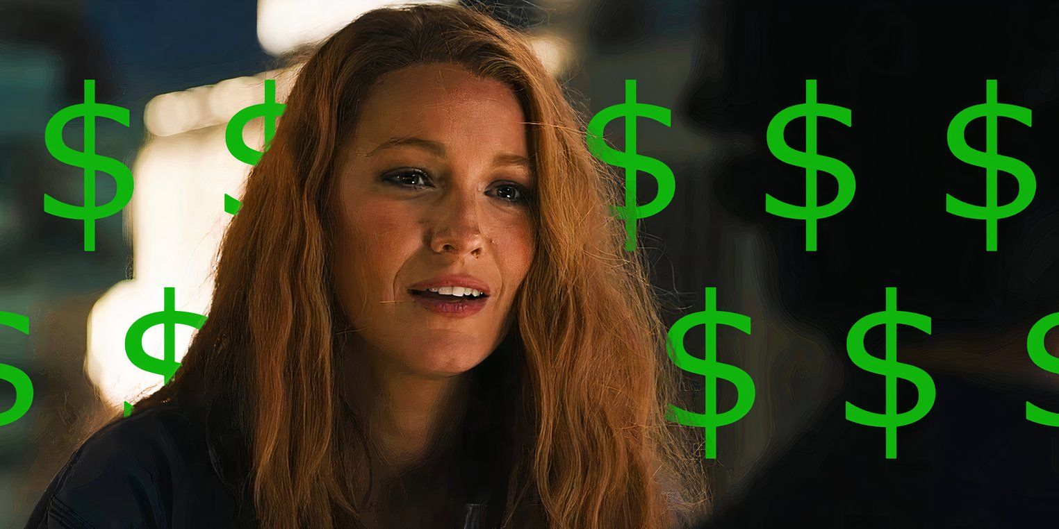 Blake Lively with her mouth agape in It Ends with Us with dollar signs in the background