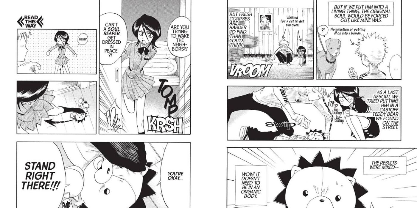 Painéis de mangá mostrando Ichigo e Rukia procurando o corpo de Kon.