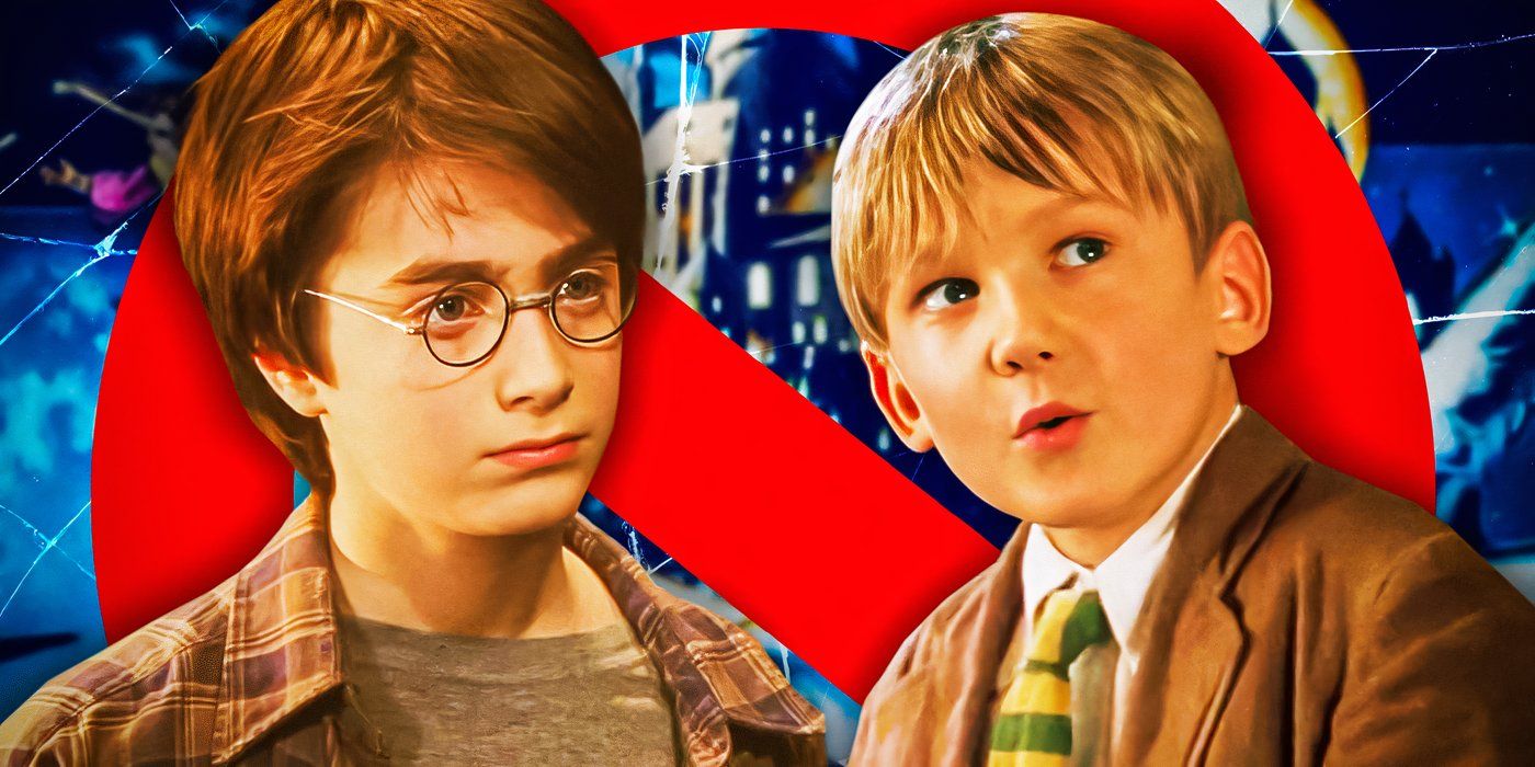 Blended image of Daniel Radcliffe in Harry Potter and the Sorcerer’s Stone and Freddie Boath in The Mummy Returns on top of a red crossout sign
