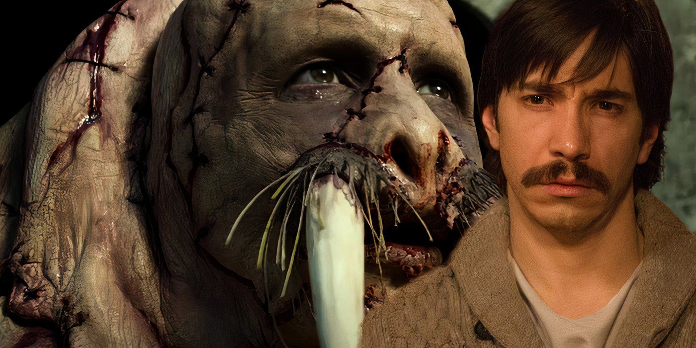 Blended image of Wallace Bryton as the walrus and as a man in Tusk