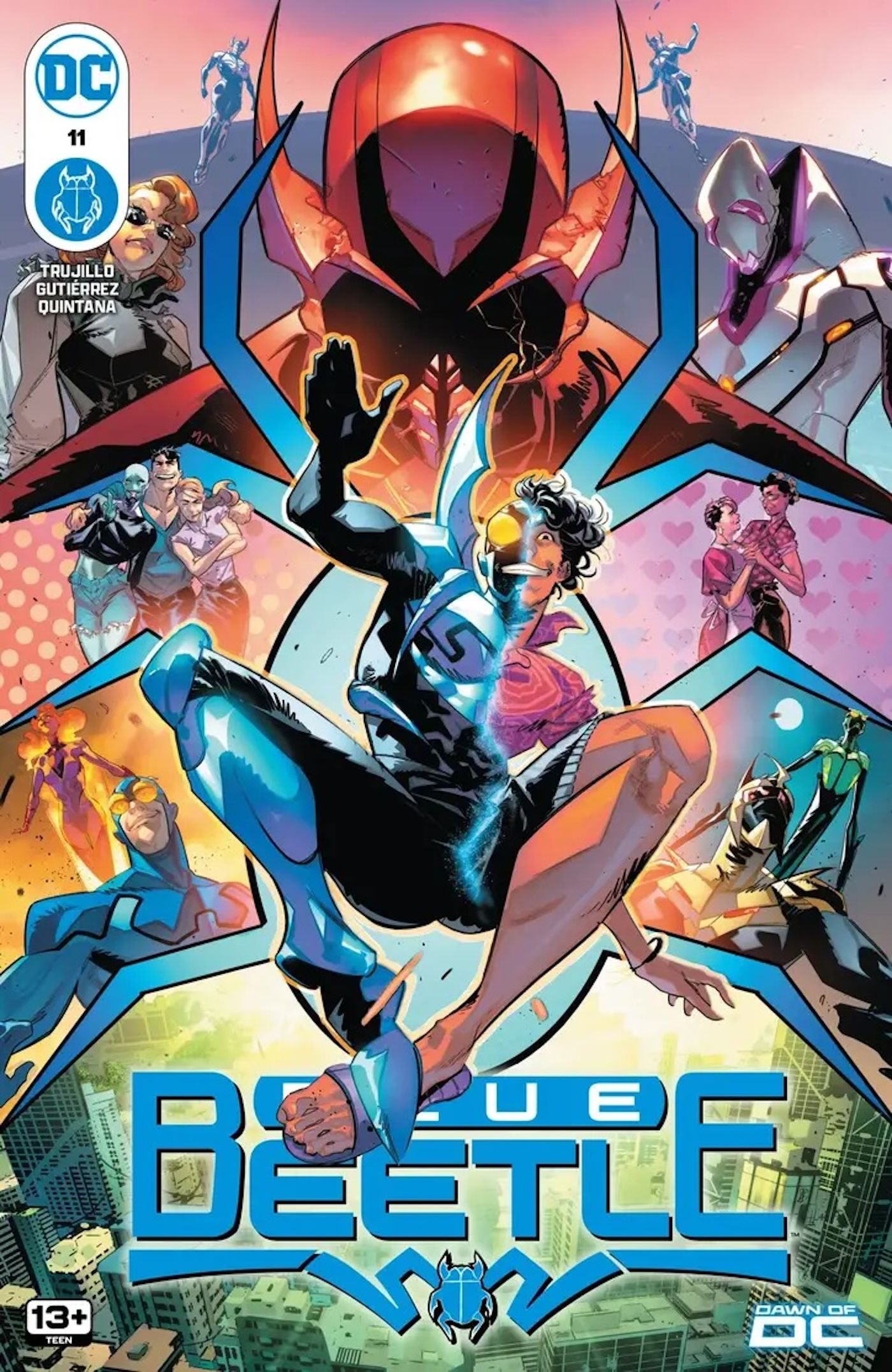 Capa principal do Blue Beetle 11: Jaime Reyes se transforma em Blue Beetle na frente de seu grande elenco de apoio, incluindo o Blood Scarab.