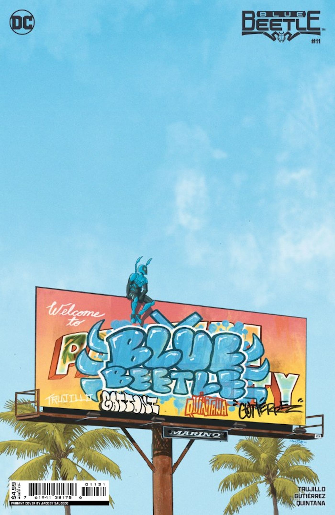 Capa da variante Blue Beetle 11 Salcedo: Blue Beetle fica em um outdoor com graffiti.