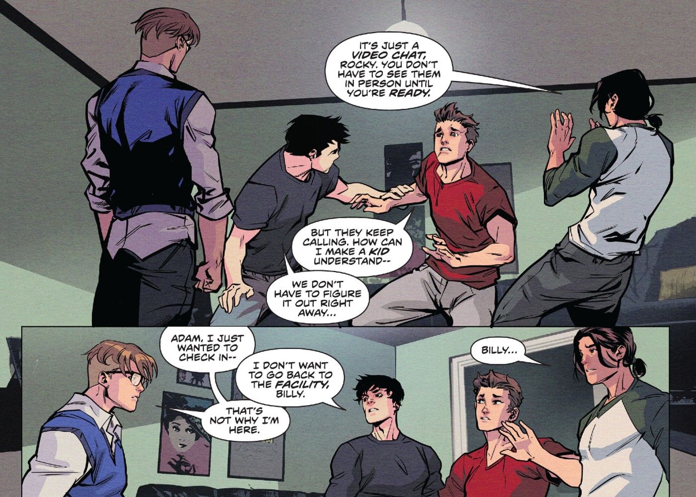 Power Rangers Billy Cranston, Adam Park and Tommy Oliver try to comfort Red Ranger Rocky DeSantos during his PTSD episode