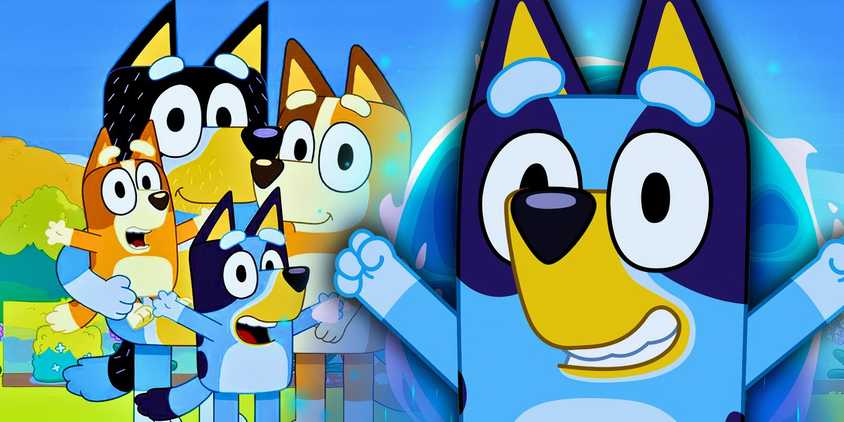 A closeup of Bluey is next to an image of the Heeler family.