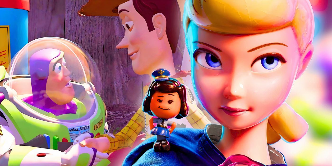 Bo Peep sieht in Toy Story 4 ernst aus, während Woody und Buzz hinter ihr in Toy Story die Hände schütteln