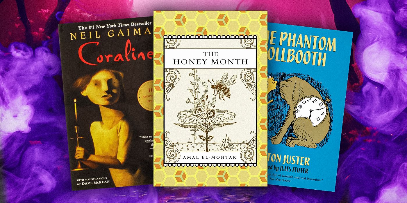 Book-Cover-Imagery-from-Coraline,-The-Phantom-Tollbooth-and-The-Honey-Month