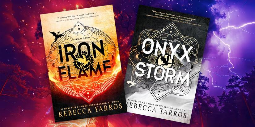 The covers of Onyx Storm and Iron Flame with a fiery red and stormy purple background