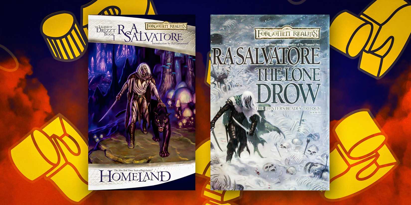 Book covers of The Drizzt Do'Urden Series by R.A. Salvatore.