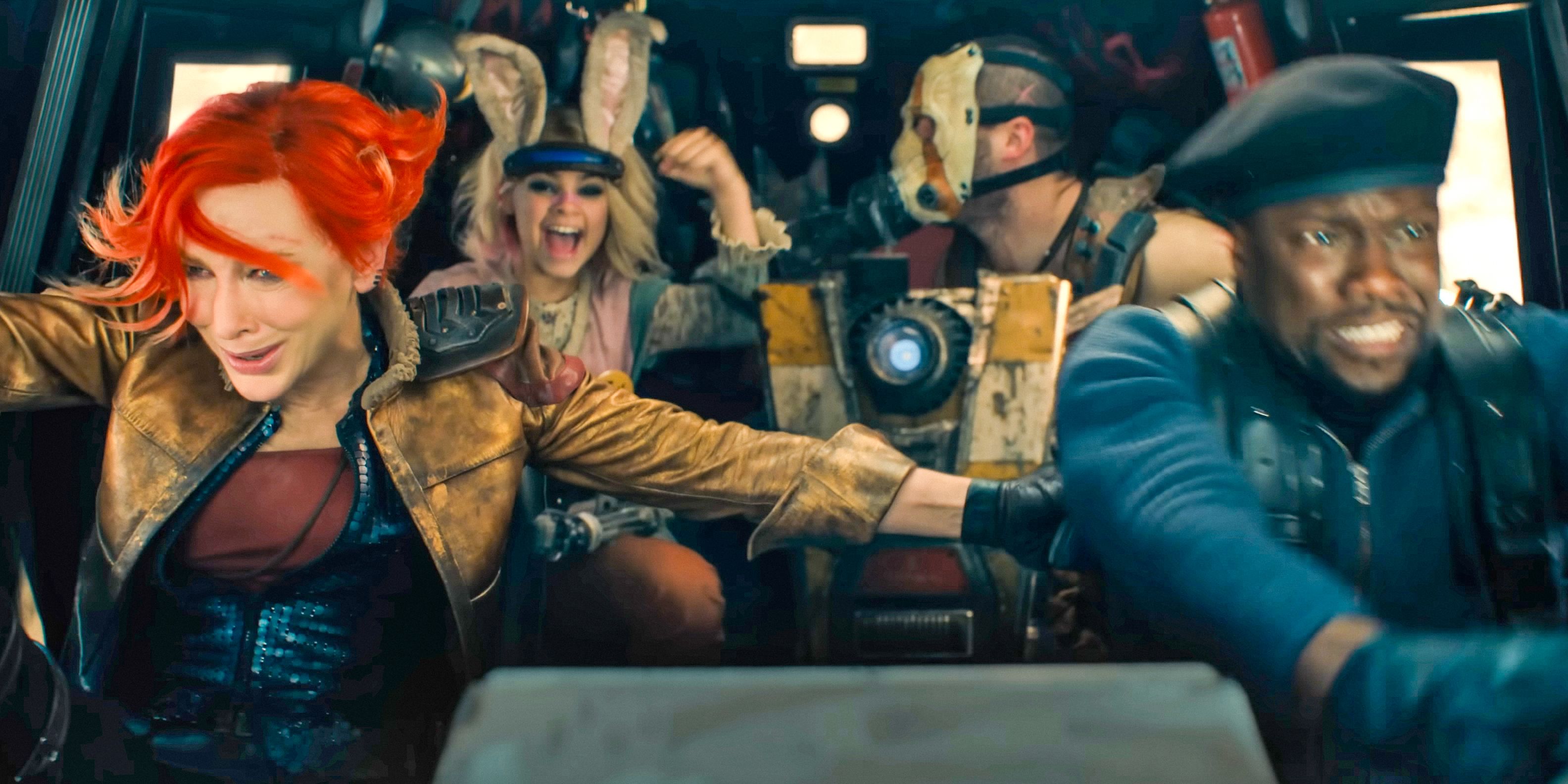 En el coche, Lilith (Cate Blanchett), Tina Tina (Ariana Greenblatt), Claptrap, Krieg (Florian Munteanu) y Roland (Kevin Hart) en Borderlands (2024)