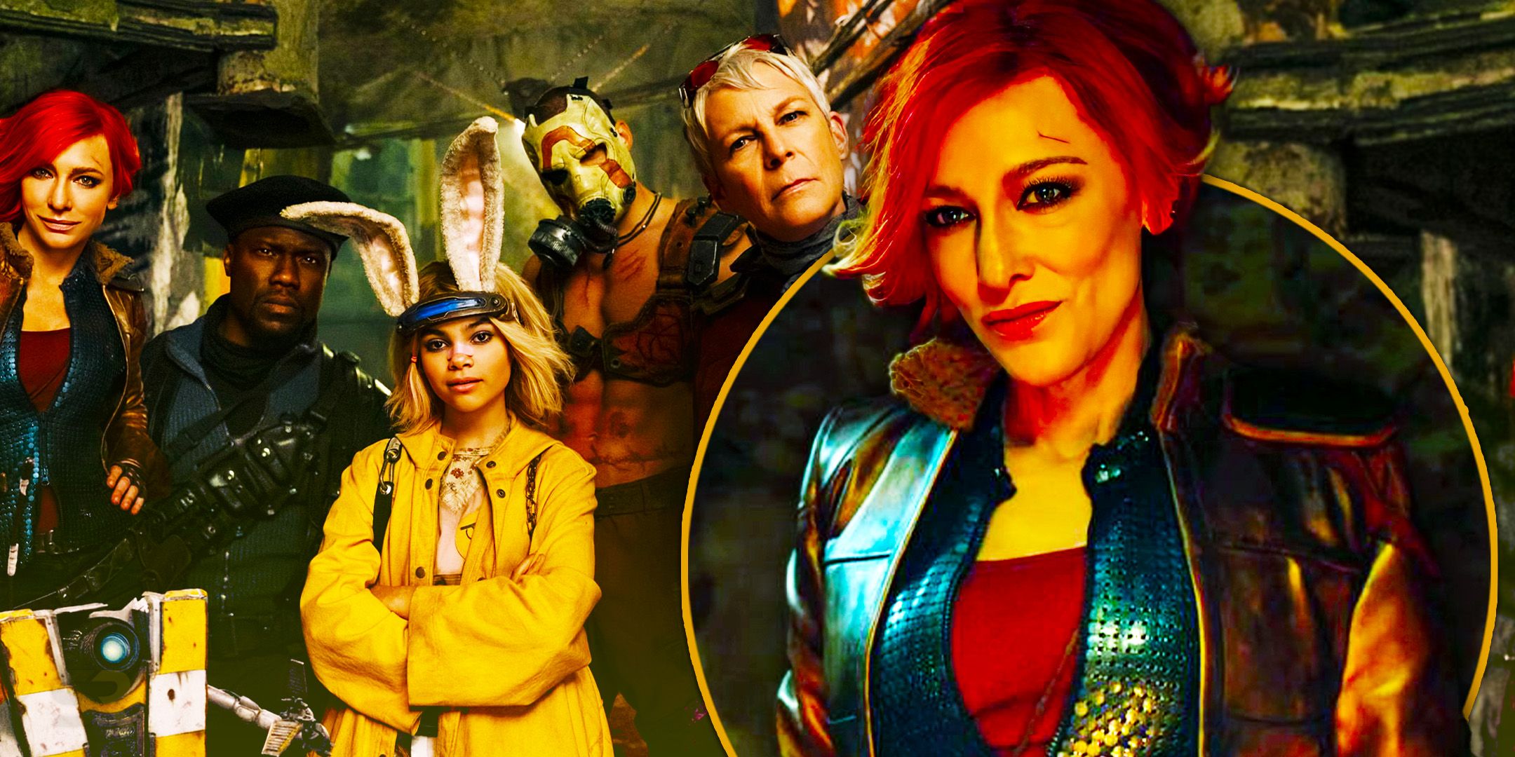 Elenco de Borderlands em pé, com figurinos visíveis e um close de Cate Blanchett