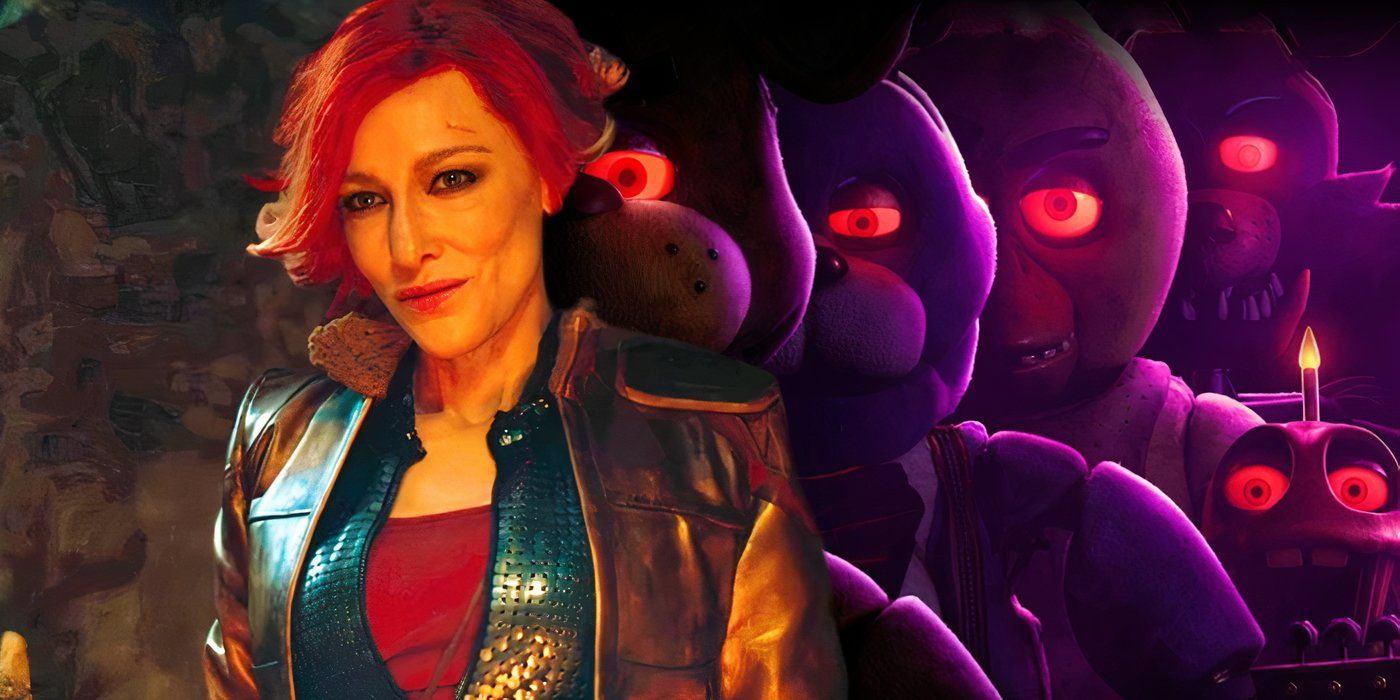 Cate Blanchett as Lilith in Borderlands (2024) next to the poster for Five Nights at Freddy's (2023)