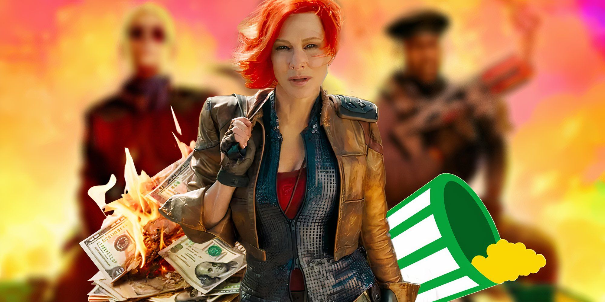 Cate Blanchett als Lilith in Borderlands (2024) über einem verschwommenen Filmplakat und einem Haufen brennendem Geld sowie einem faulen Publikumslogo von Rotten Tomatoes