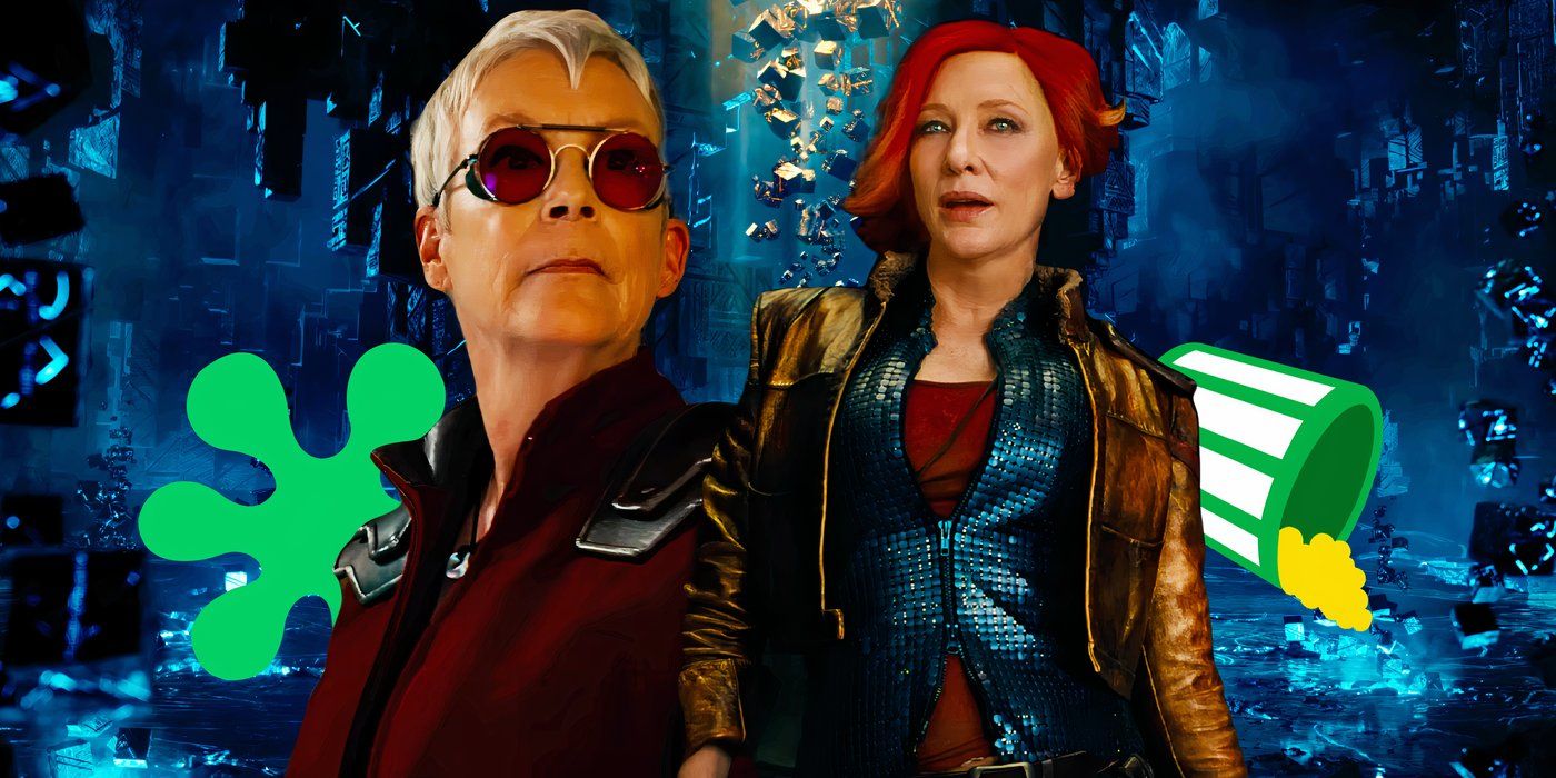 Cate Blanchett como Lilith e Jamie Lee Curtis como Tannis em Borderlands na frente do Rotten Tomatoes símbolos negativos imagem personalizada