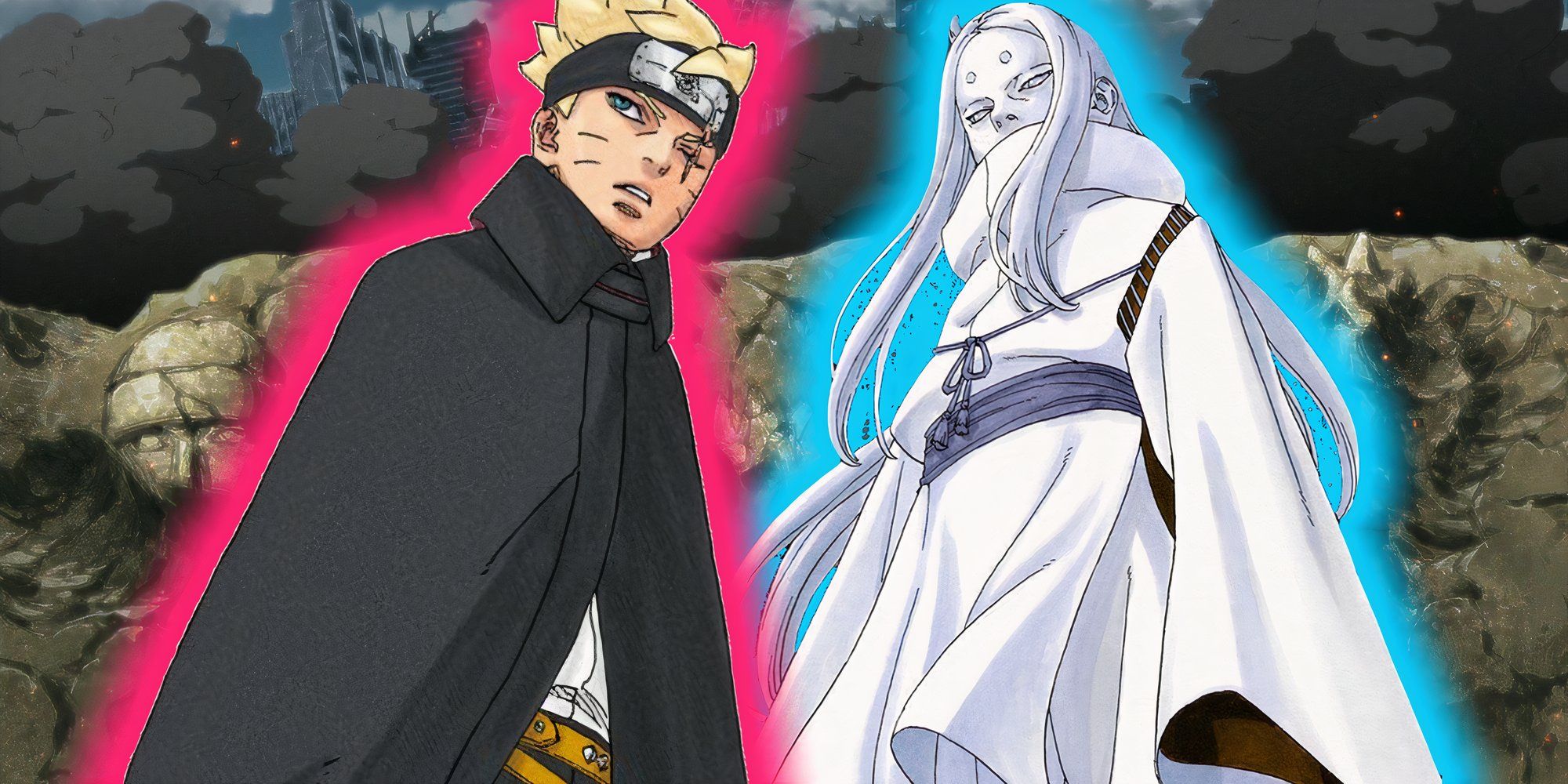 Boruto and Momoshiki in front of an image of destroyed Konoha